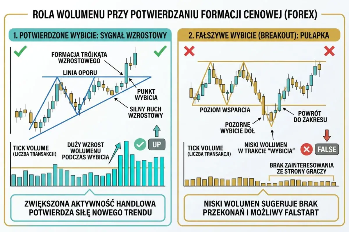 Analiza wolumenu na rynkach światowych: potwierdzone wybicie z formacji trójkąta wzrostowego vs fałszywe wybicie.