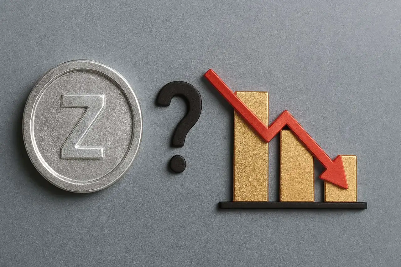 Moneta z literą "Z" obok znaku zapytania i wykresu ze spadkową czerwoną strzałką. Czy inwestycja w srebro przyniesie zysk?