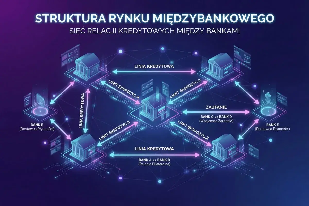 Schemat struktury rynku międzybankowego, pokazujący relacje kredytowe, limity ekspozycji i zaufanie między bankami.