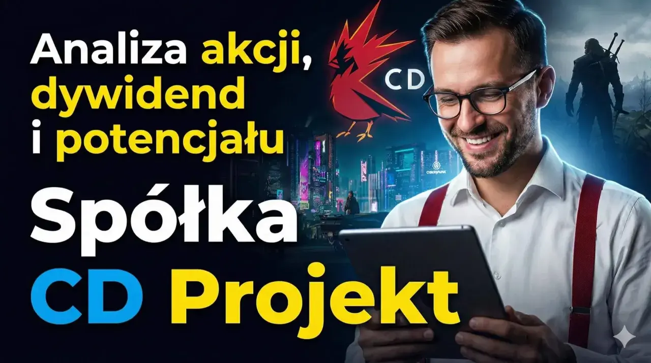 Analiza akcji, dywidend i potencjału spółki CD Projekt. Wykresy i grafiki nawiązujące do gier.