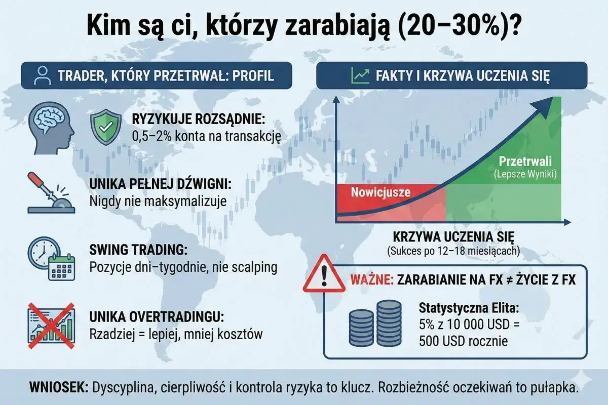 Trader, który przetrwał, ryzykuje rozsądnie, unika dźwigni i overtradingu. To klucz do sukcesu na FX.