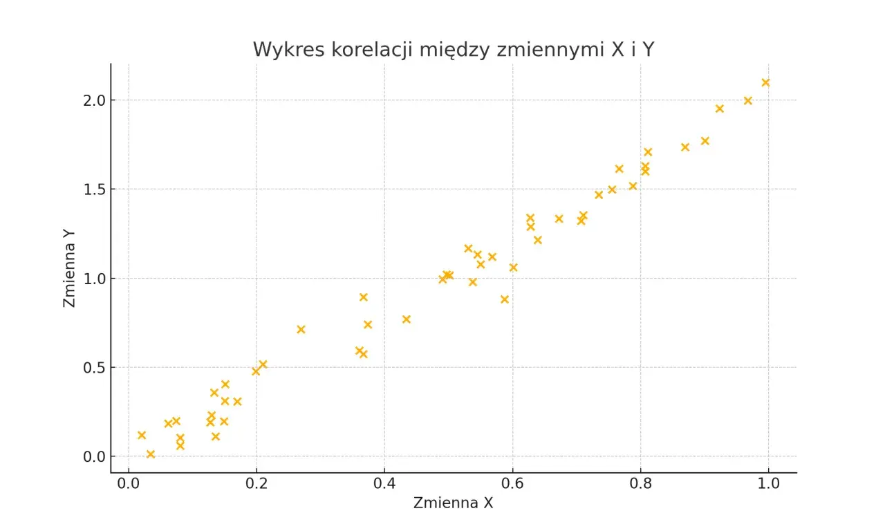 Wykres punktowy pokazuje silną, pozytywną korelację między zmiennymi X i Y, sugerując, że wzrost jednej zmiennej wiąże się ze wzrostem drugiej.