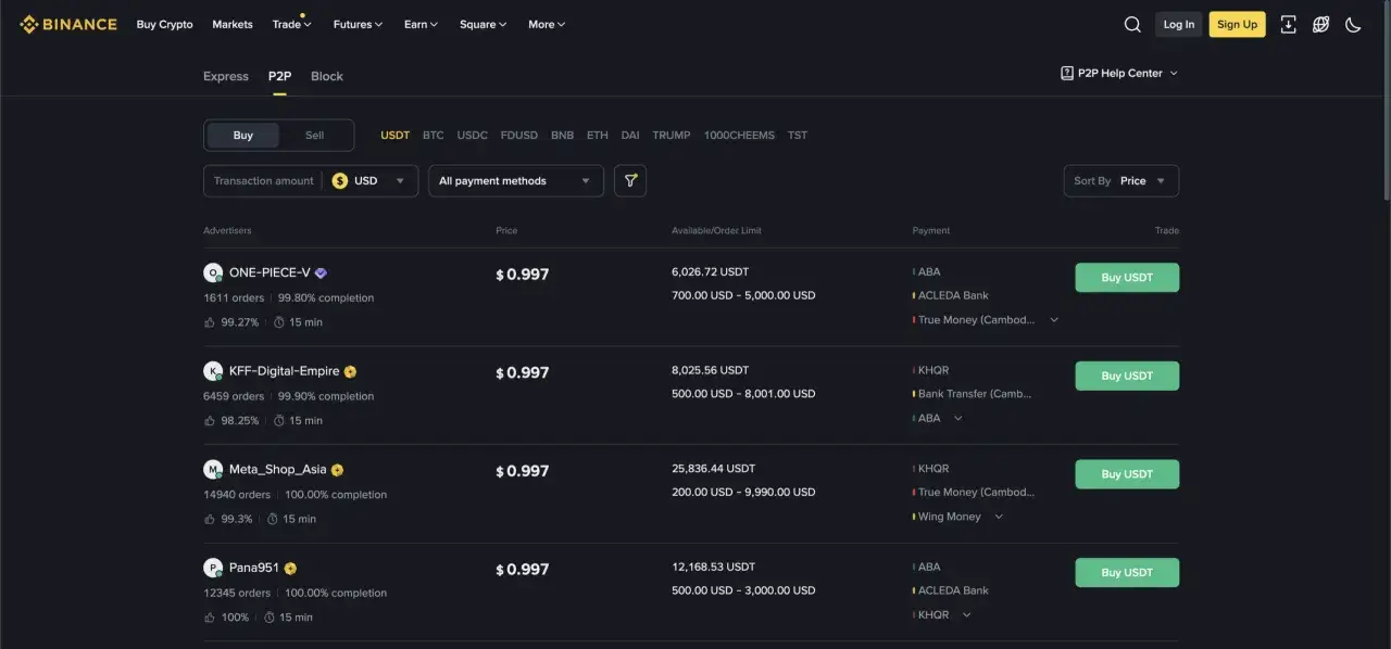 Gdzie inwestować w krypto? Binance P2P oferuje USDT od różnych sprzedawców. Sprawdź ceny i metody płatności.