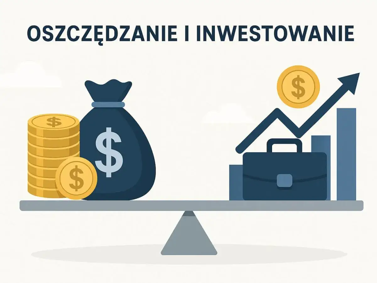 Waga pokazuje równowagę między oszczędzaniem (torba z pieniędzmi, monety) a inwestowaniem (teczka, wykres wzrostu).