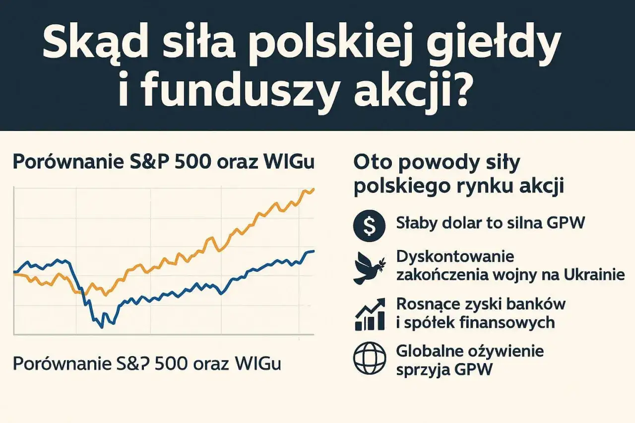 Wykres porównujący S&P 500 i WIG. Powody siły polskiego rynku akcji: słaby dolar, zakończenie wojny, zyski banków, globalne ożywienie. Wig20 porównanie.