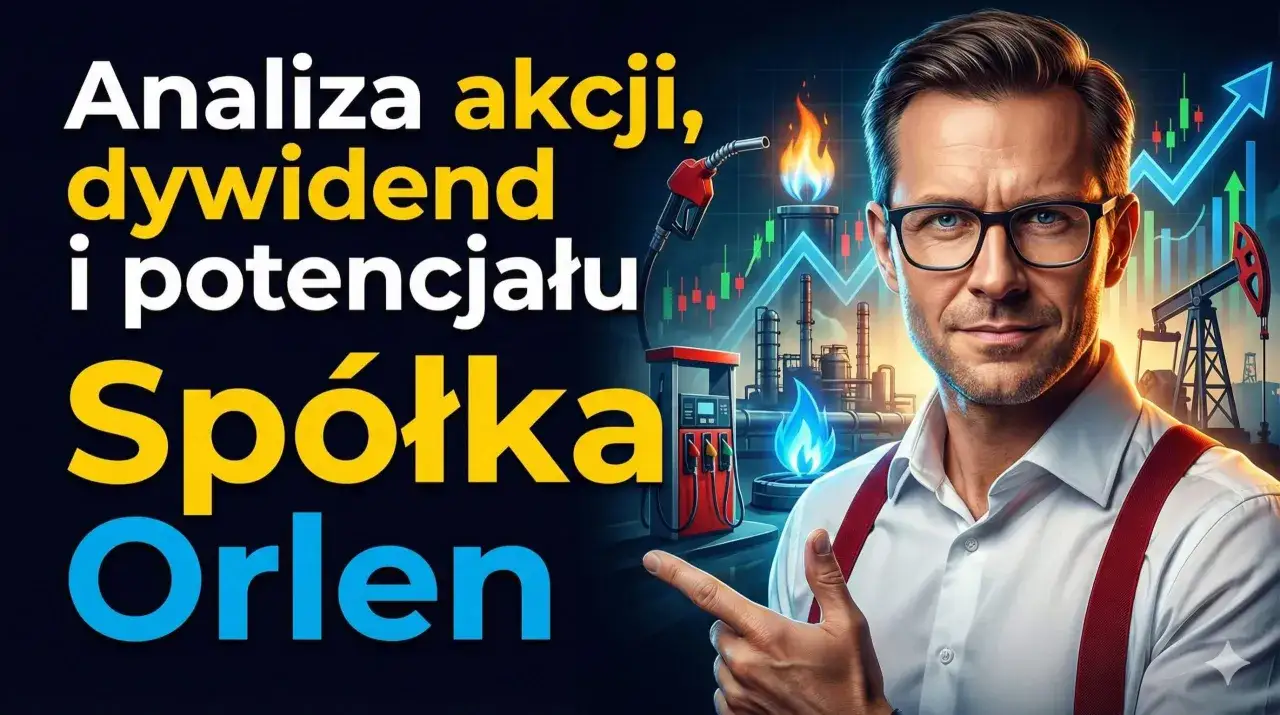 Analiza akcji, dywidend i potencjału spółki Orlen. Mężczyzna w okularach wskazuje na wykresy giełdowe i rafinerię.
