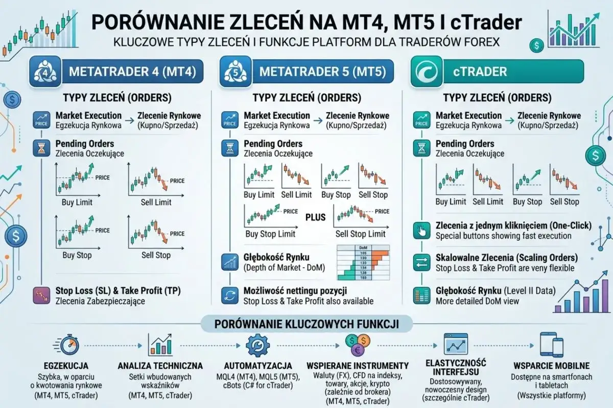 Porównanie zleceń na MT4, MT5 i cTrader: typy zleceń (orders) i funkcje. Dowiedz się, co oznacza pcr giełda i jak działają zlecenia.
