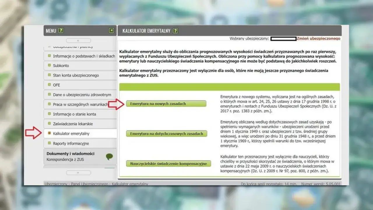 Przykładowe wyliczenie emerytury na kalkulatorze ZUS. Widoczny panel boczny z opcjami, w tym 