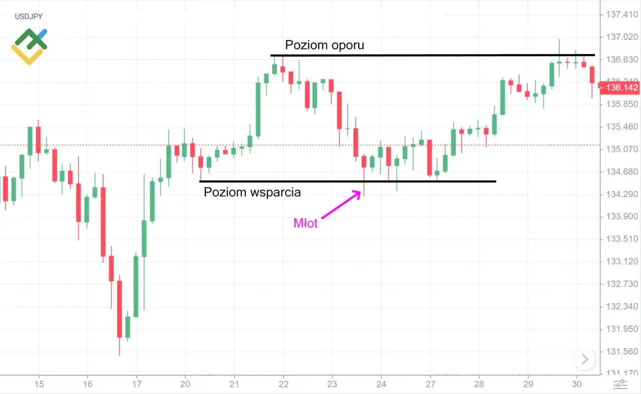 Trader z umysłem łowcy analizuje wykres USDJPY, szukając sygnałów kupna i sprzedaży między poziomem wsparcia a oporu. Widoczny 