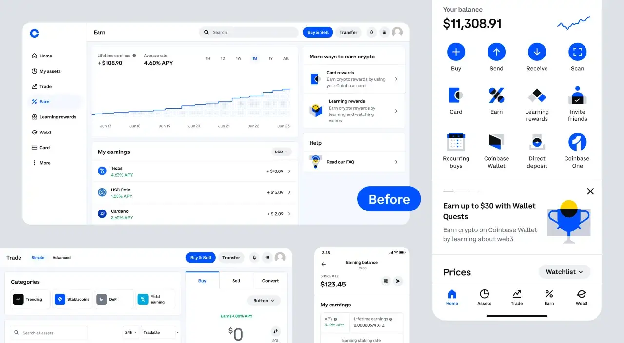 Na ekranie widzisz aplikację Coinbase, gdzie możesz zarabiać kryptowaluty. Dowiedz się, coinbase to platforma do handlu i zarabiania na kryptowalutach.