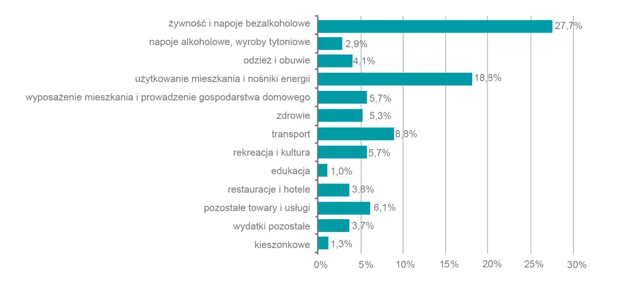 Na co wydajemy najwięcej pieniędzy? Żywność i napoje bezalkoholowe to 27,7%, a użytkowanie mieszkania i nośniki energii 18,8%.