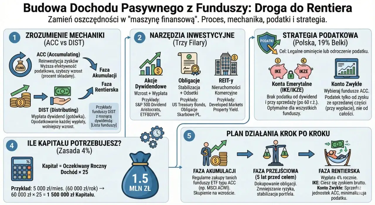 Schemat budowy dochodu pasywnego: od mechaniki ACC/DIST, przez narzędzia inwestycyjne i strategię podatkową, po plan działania krok po kroku do fazy rentierskiej.