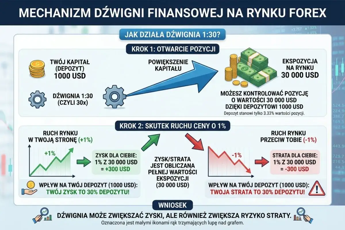 Mechanizm dźwigni finansowej 1:30 na Forex: 1000 USD depozytu pozwala kontrolować pozycję 30 000 USD. Zysk/strata 1% to 300 USD, czyli 30% depozytu.