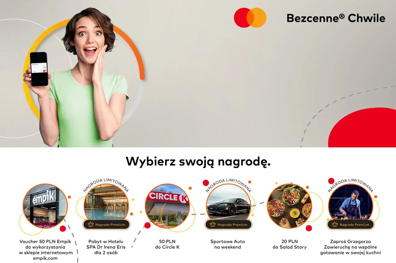 Kobieta z kartą Mastercard cieszy się z nagród: voucher do Empiku, pobyt w SPA, paliwo do Circle K, auto na weekend, jedzenie do Salad Story i warsztaty kulinarne. Mastercard bezcenne chwile.