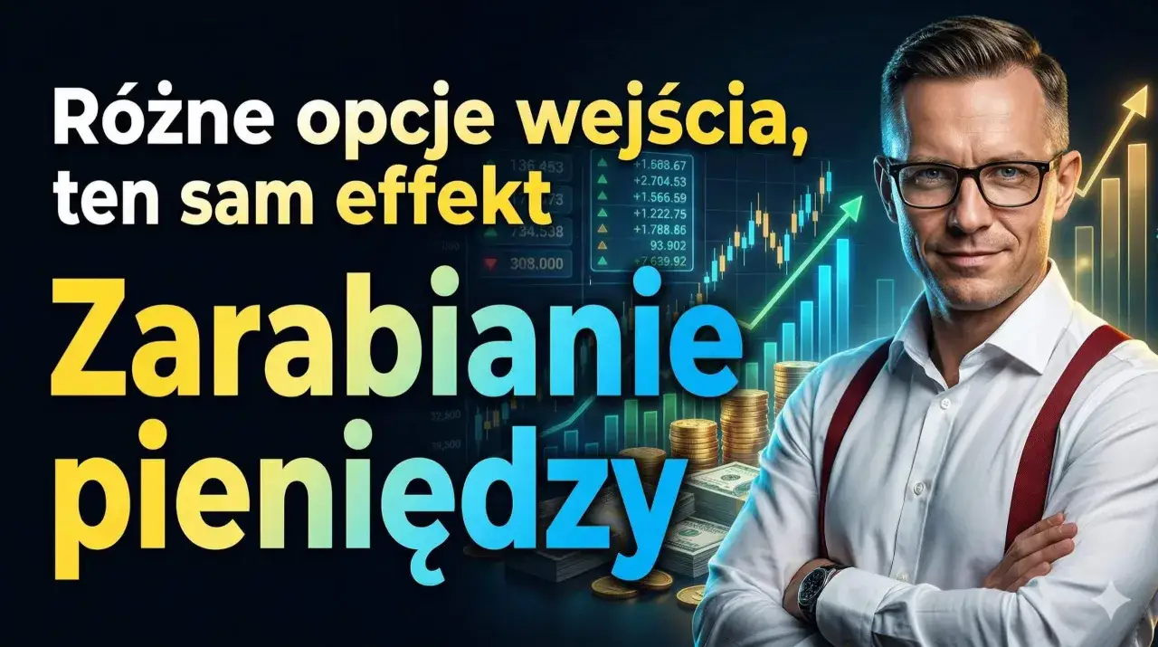 Mężczyzna w okularach i białej koszuli z szelkami, na tle wykresów giełdowych i stosów pieniędzy, pokazuje, jak zarobić pieniądze.